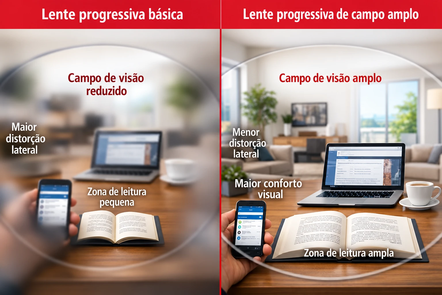 Comparação ilustrativa dos campos de visão de lentes progressivas