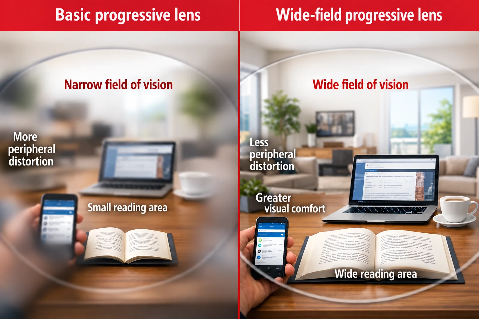 Illustrative comparison of basic and wide-field progressive lenses