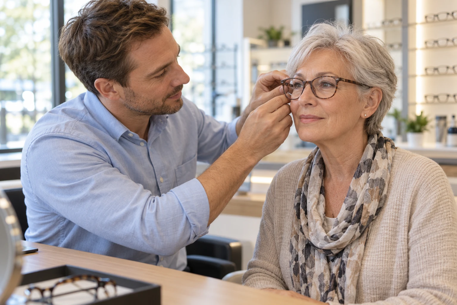 Illustrative image of an optician adjusting a customer’s glasses