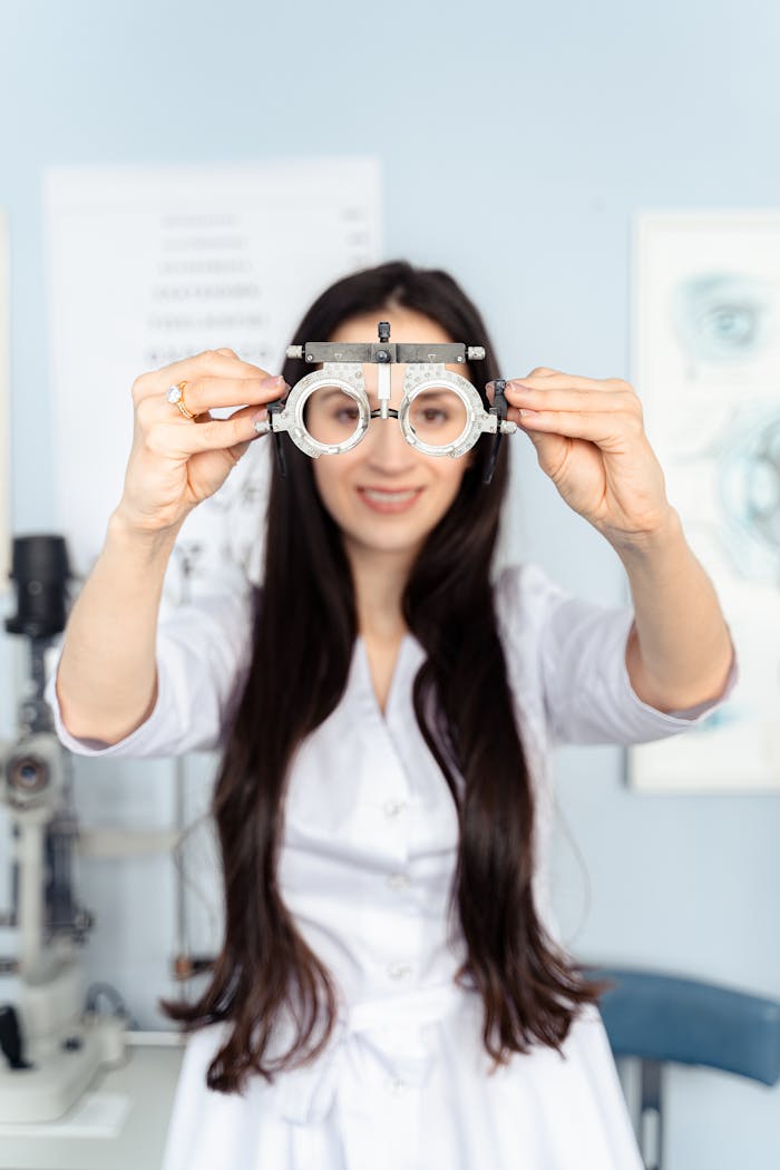 Smiling optometrist showing trial frames in a bright clinic setting.